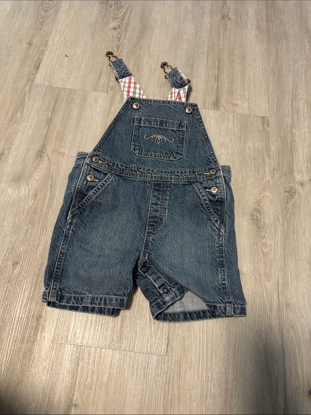 Gymboree Denim Short Overalls with Red-White Plaid Straps